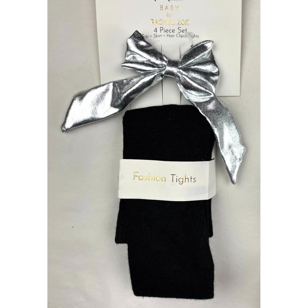Rachel Zoe Baby Girl 12 Mos Black Silver Skirt Outfit Set 4pc Tights Top NWW - Picture 3 of 4